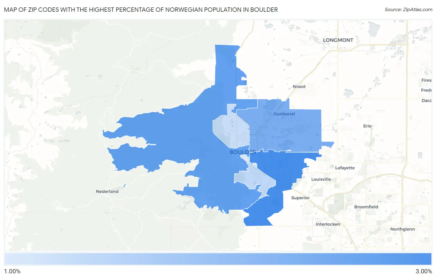 Zip Codes with the Highest Percentage of Norwegian Population in Boulder Map