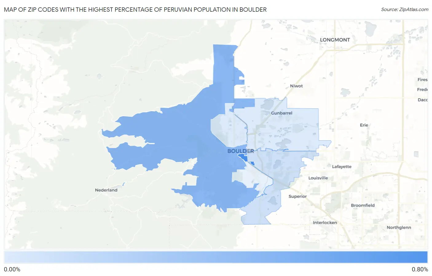 Zip Codes with the Highest Percentage of Peruvian Population in Boulder Map