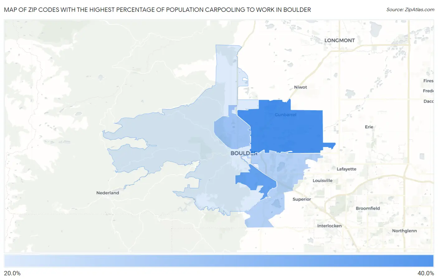 Zip Codes with the Highest Percentage of Population Carpooling to Work in Boulder Map