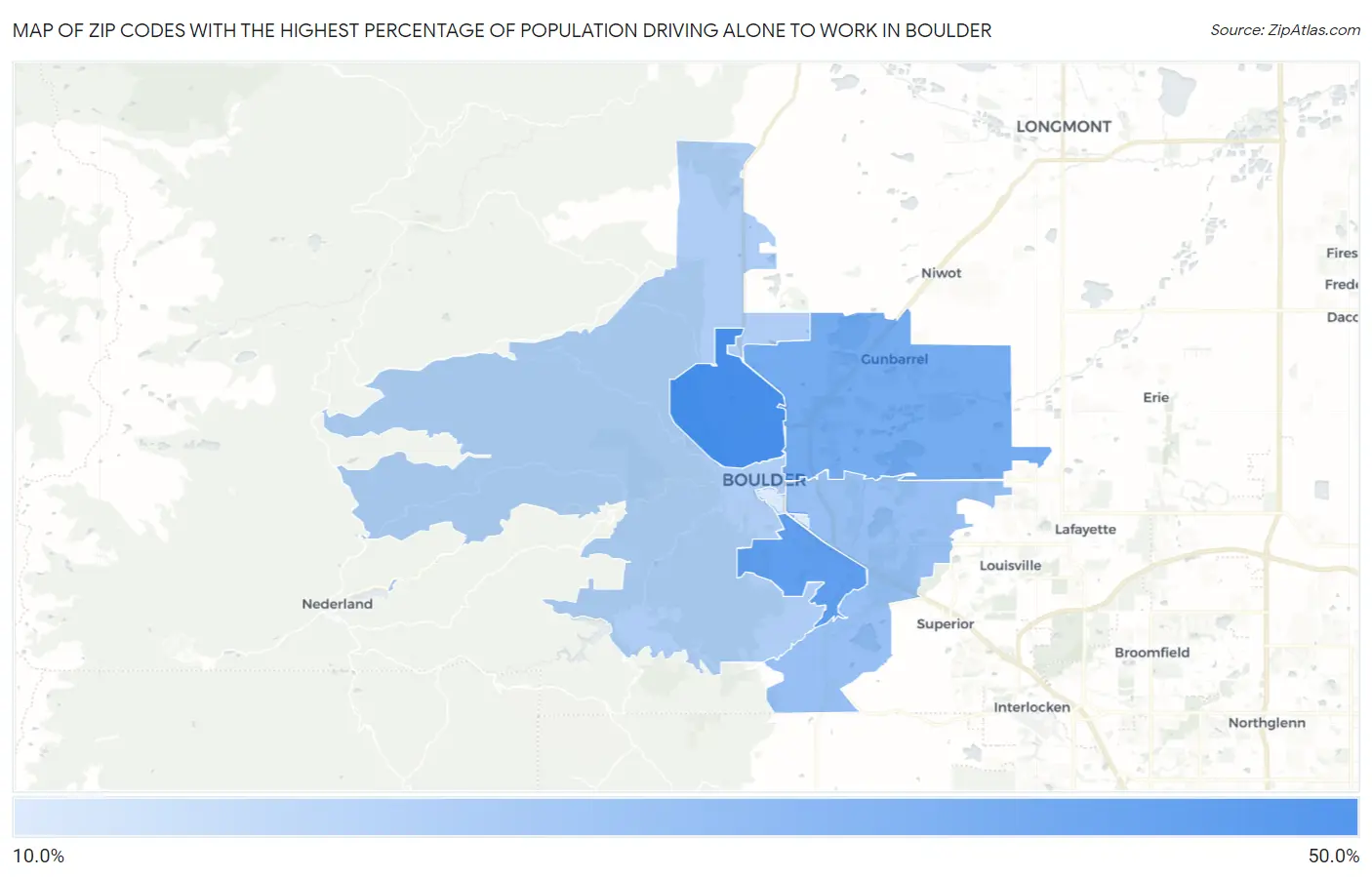 Zip Codes with the Highest Percentage of Population Driving Alone to Work in Boulder Map