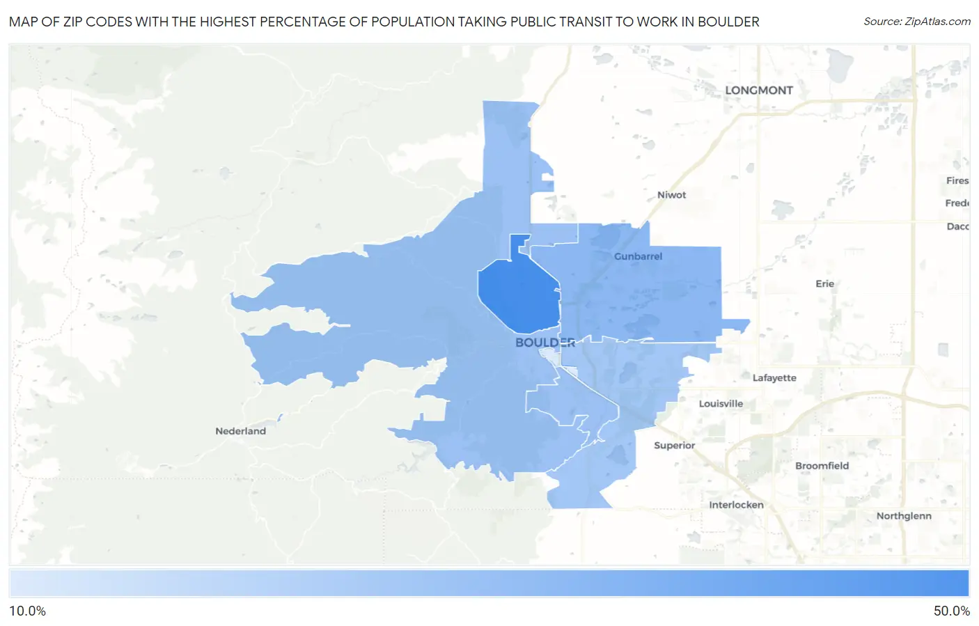 Zip Codes with the Highest Percentage of Population Taking Public Transit to Work in Boulder Map