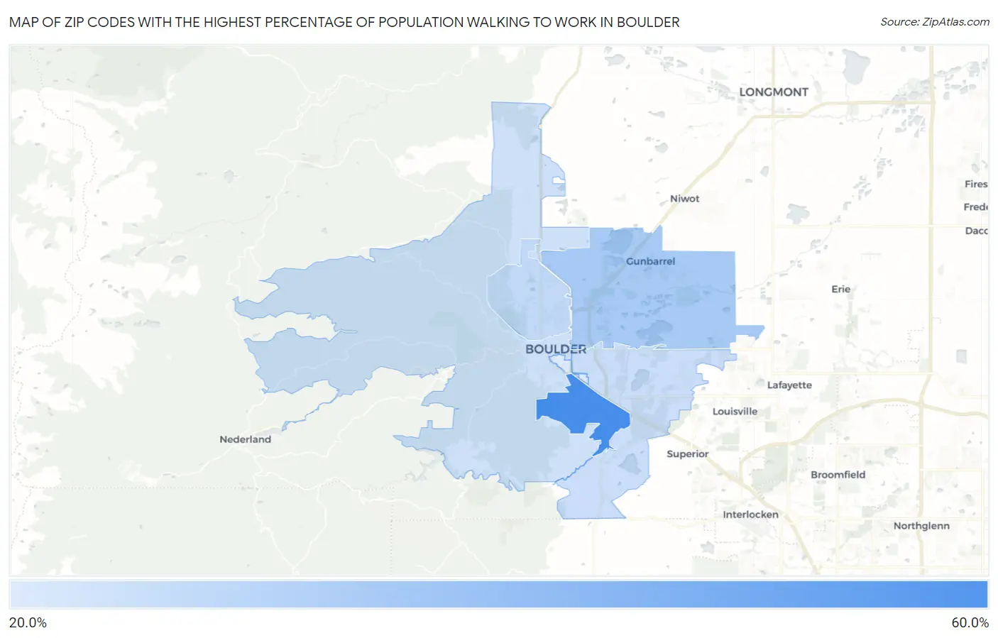 Zip Codes with the Highest Percentage of Population Walking to Work in Boulder Map