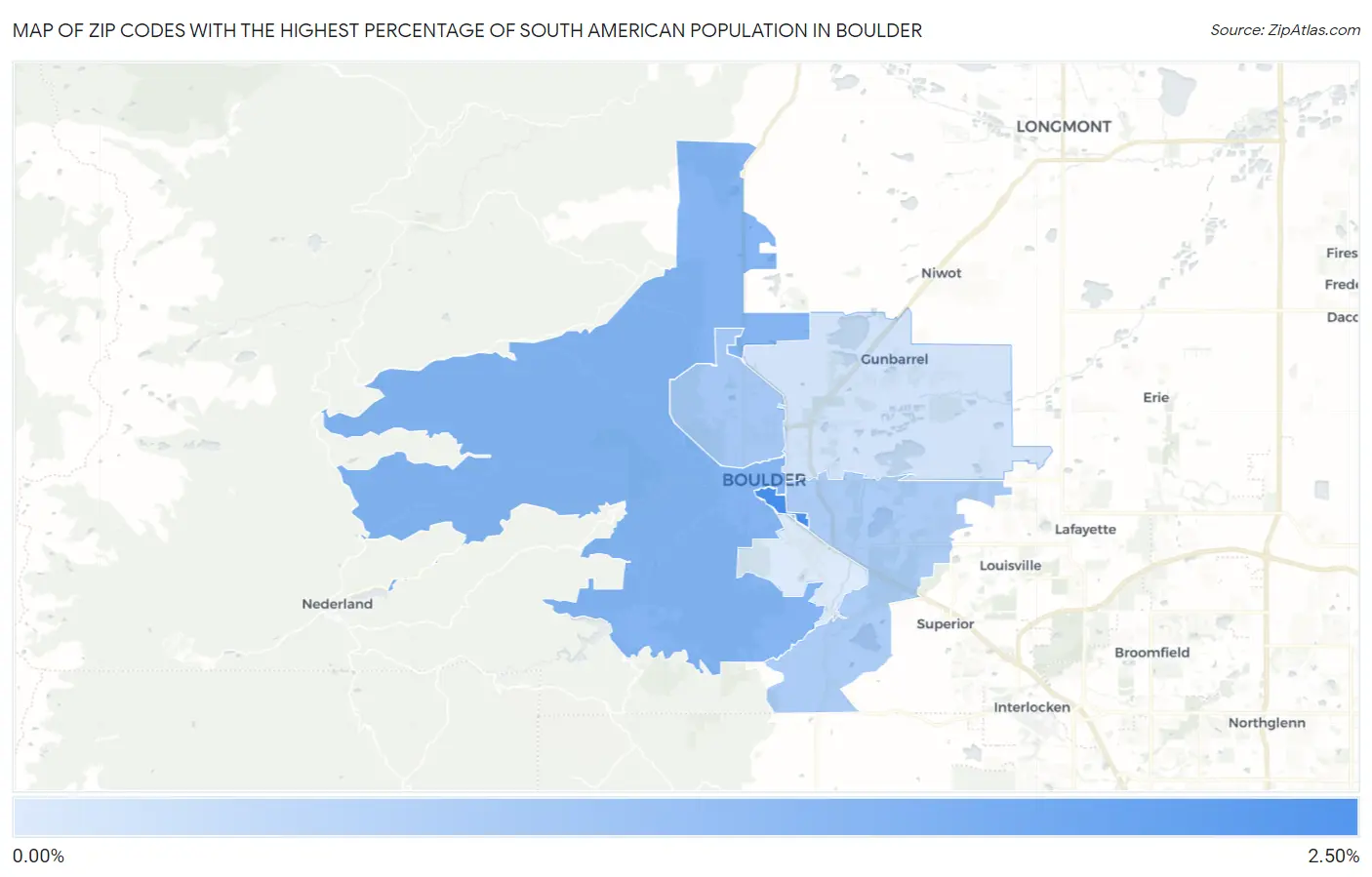 Zip Codes with the Highest Percentage of South American Population in Boulder Map