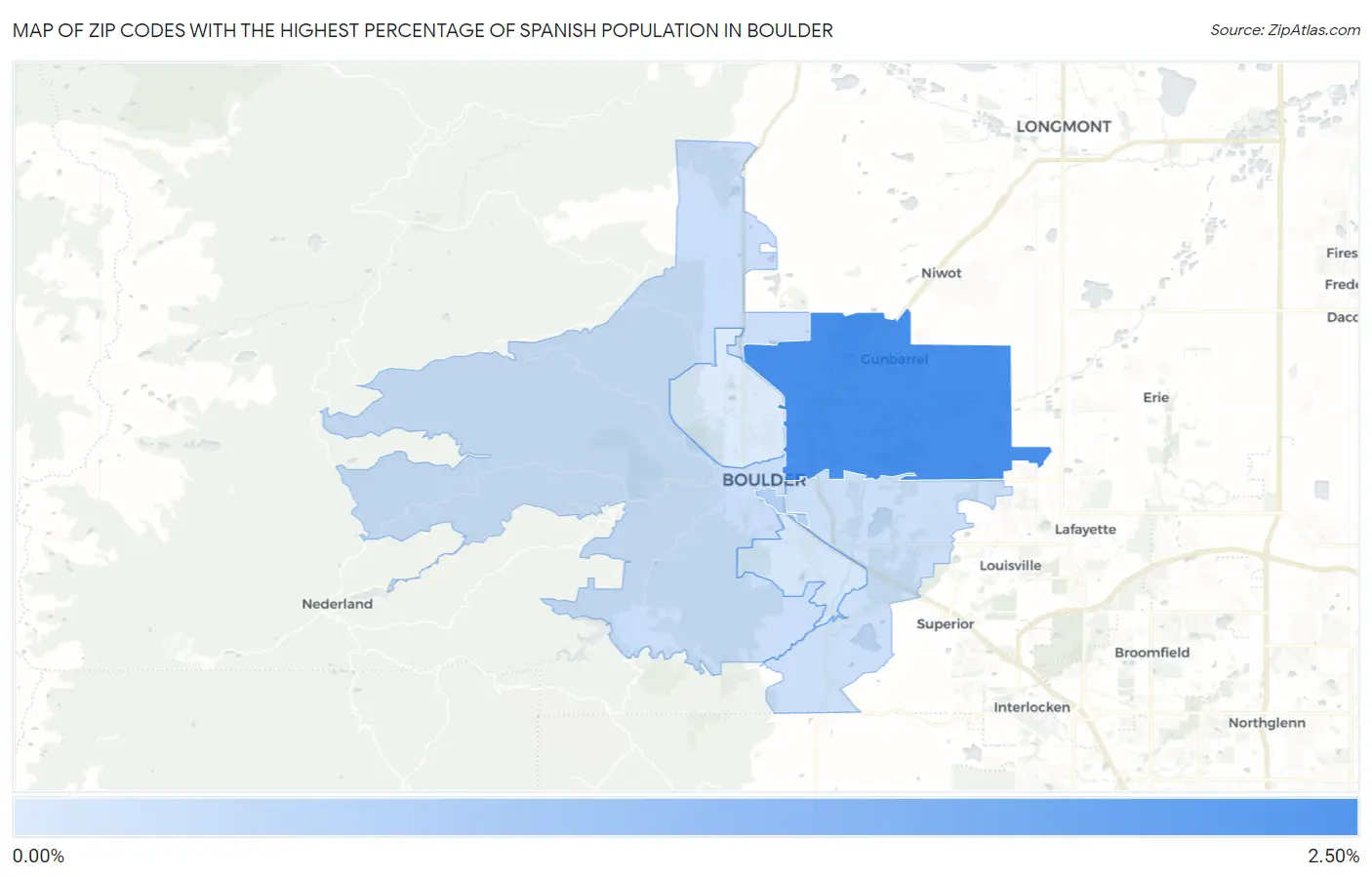Zip Codes with the Highest Percentage of Spanish Population in Boulder Map