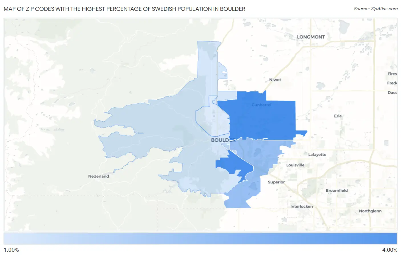 Zip Codes with the Highest Percentage of Swedish Population in Boulder Map