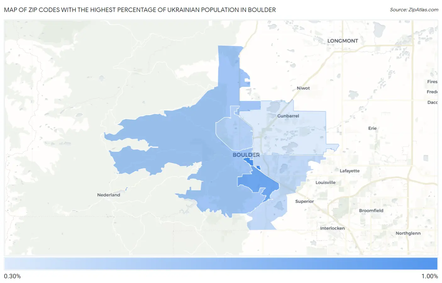 Zip Codes with the Highest Percentage of Ukrainian Population in Boulder Map