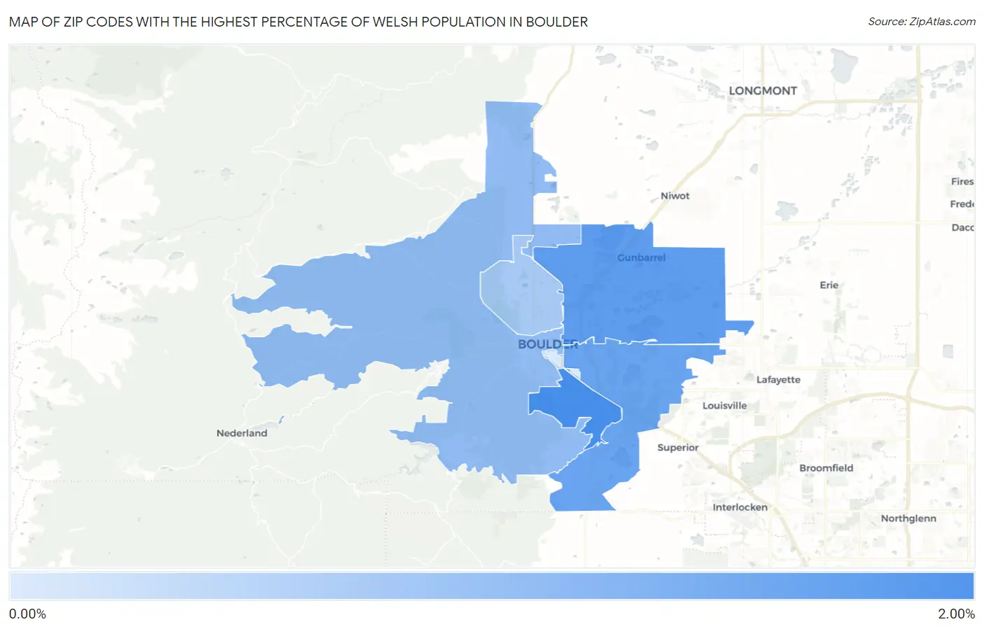 Zip Codes with the Highest Percentage of Welsh Population in Boulder Map