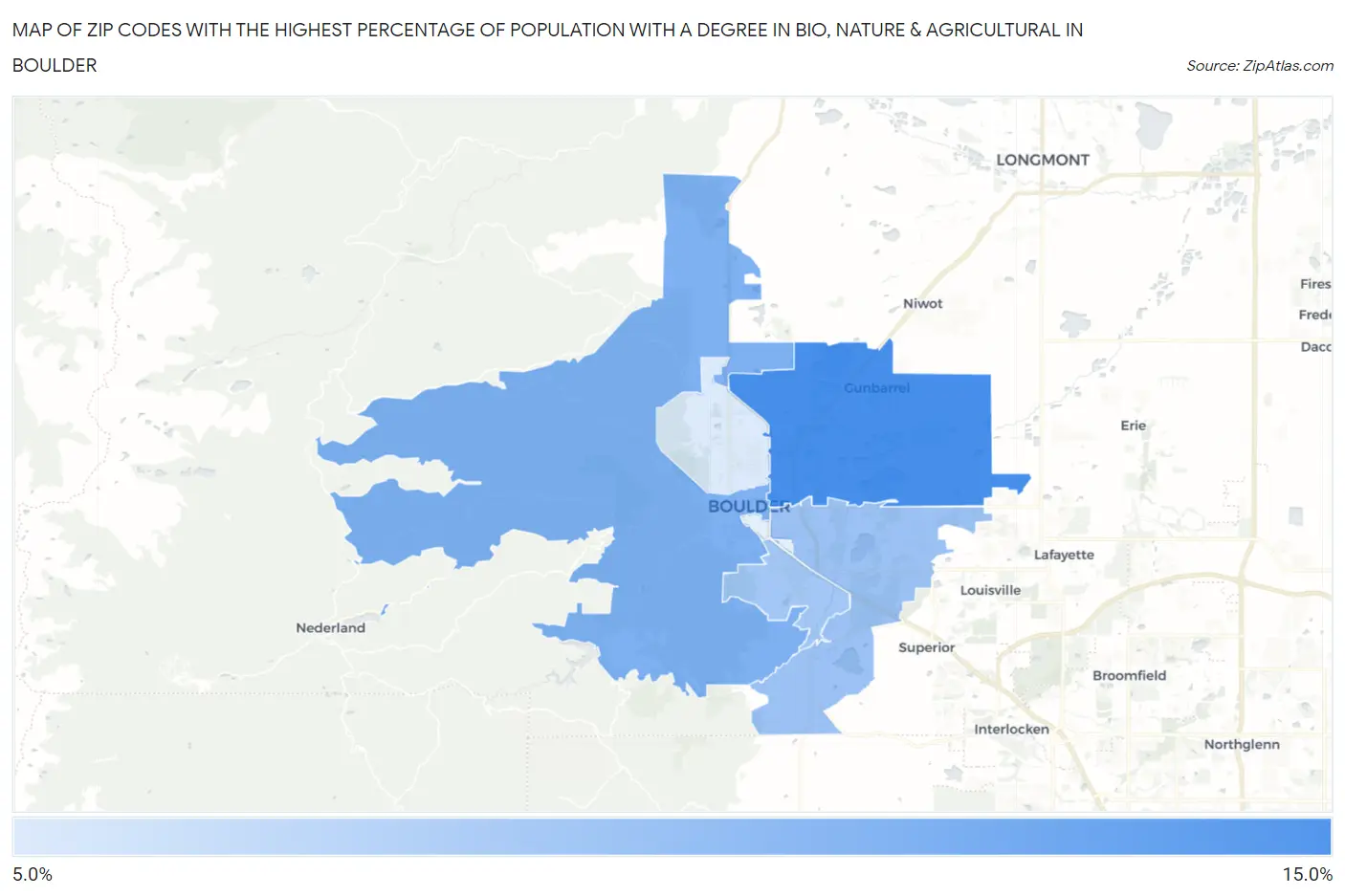 Zip Codes with the Highest Percentage of Population with a Degree in Bio, Nature & Agricultural in Boulder Map