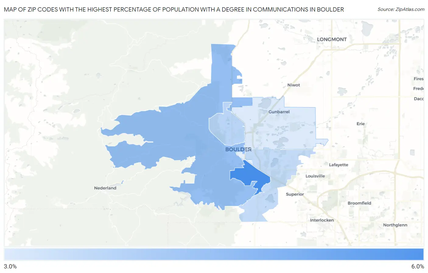 Zip Codes with the Highest Percentage of Population with a Degree in Communications in Boulder Map