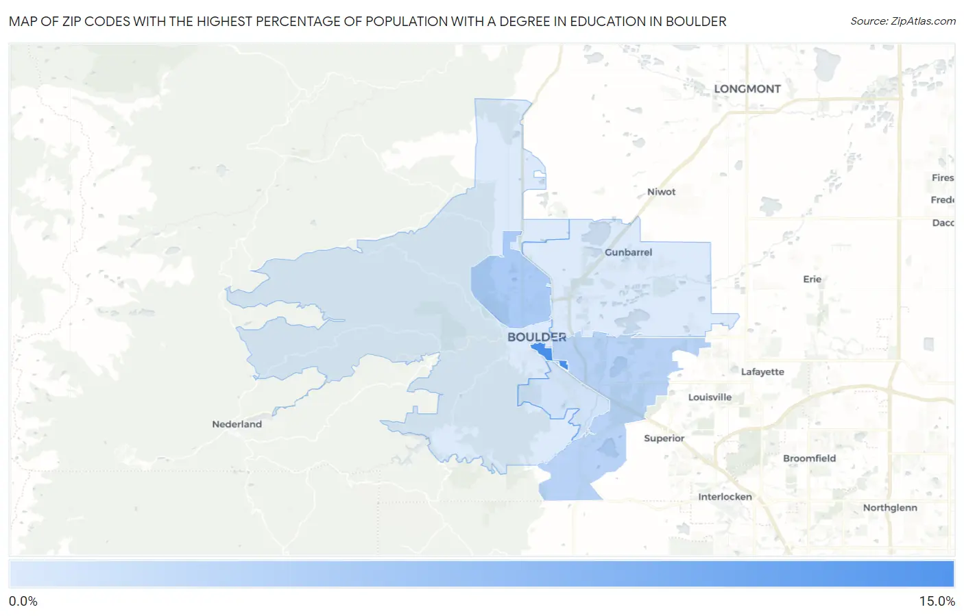 Zip Codes with the Highest Percentage of Population with a Degree in Education in Boulder Map