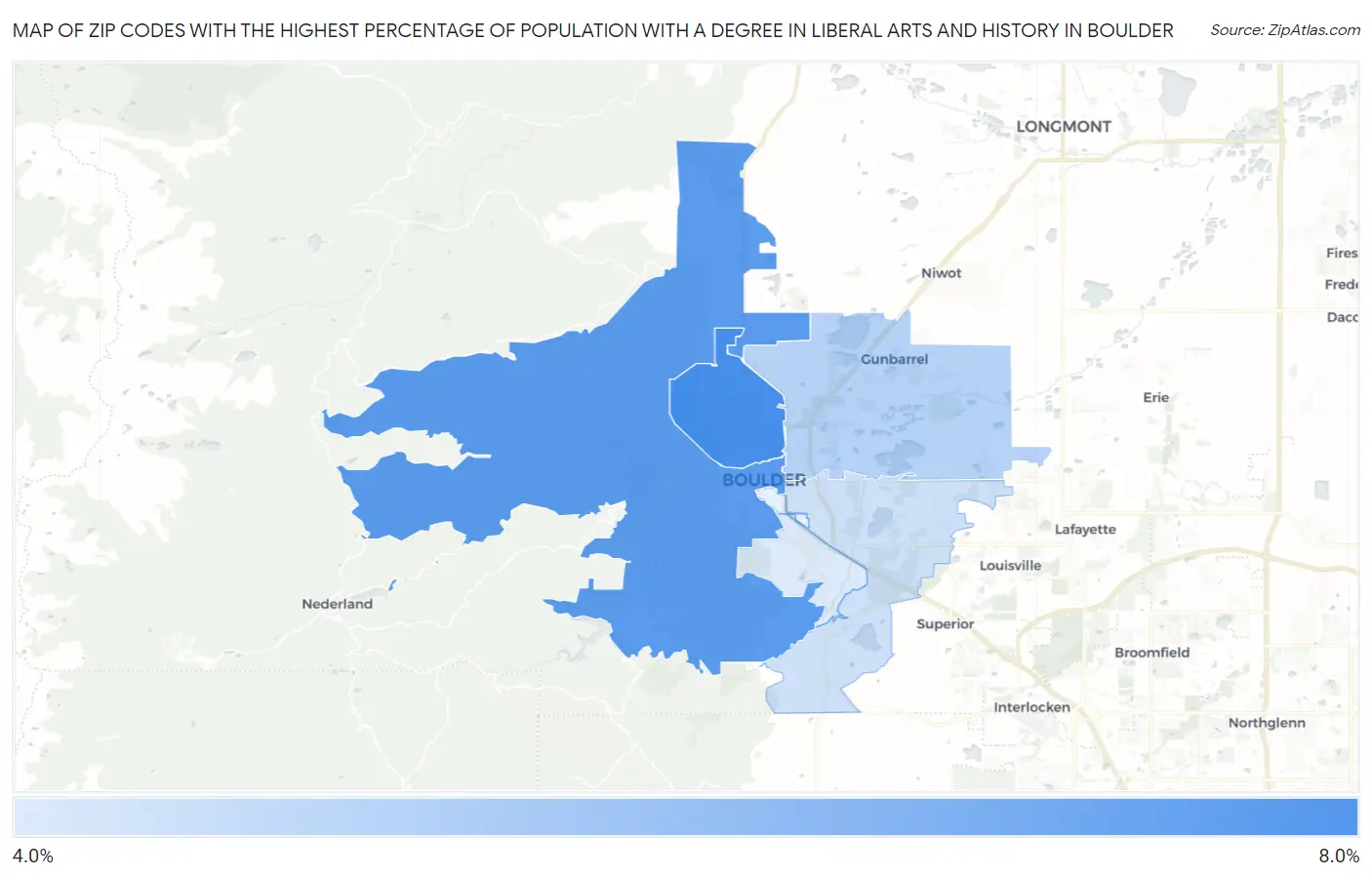 Zip Codes with the Highest Percentage of Population with a Degree in Liberal Arts and History in Boulder Map