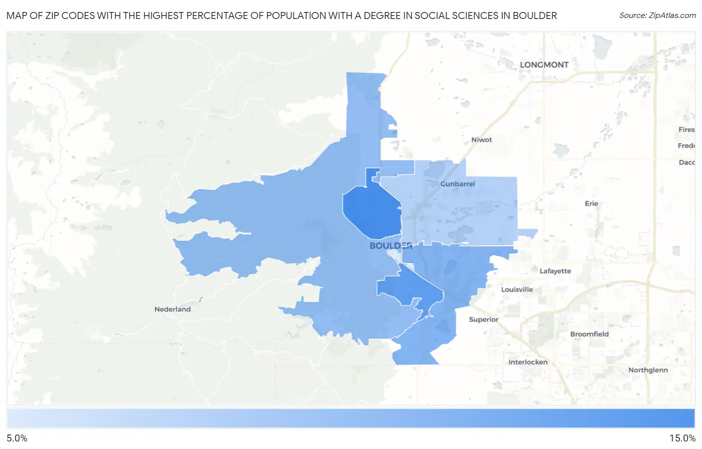 Zip Codes with the Highest Percentage of Population with a Degree in Social Sciences in Boulder Map