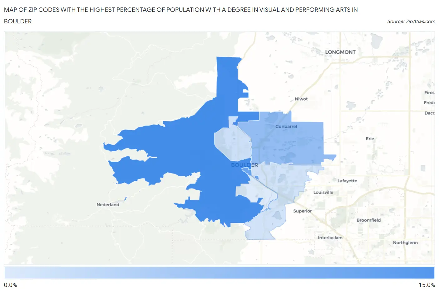 Zip Codes with the Highest Percentage of Population with a Degree in Visual and Performing Arts in Boulder Map