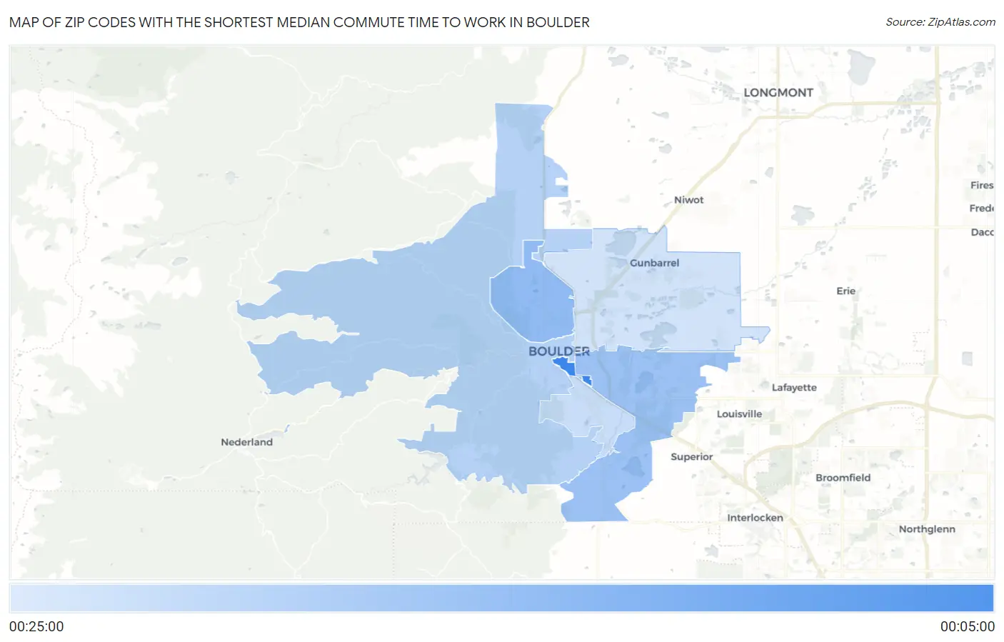Zip Codes with the Shortest Median Commute Time to Work in Boulder Map