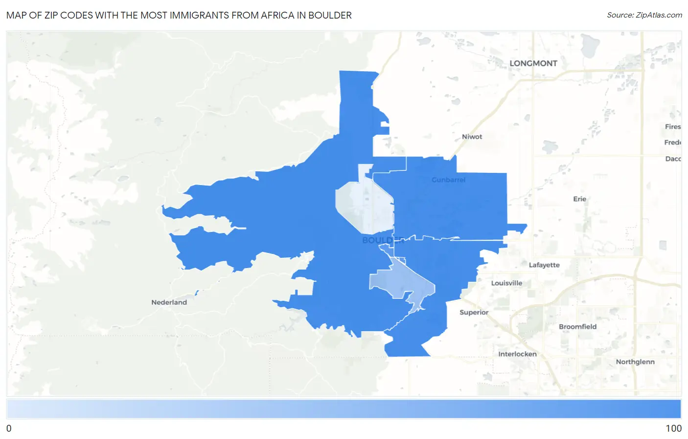 Zip Codes with the Most Immigrants from Africa in Boulder Map