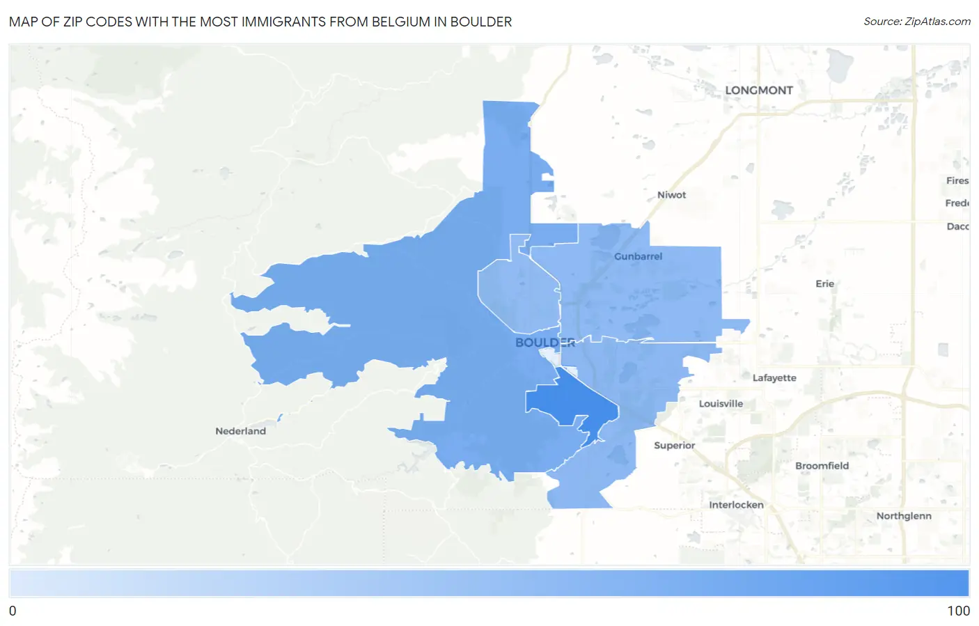 Zip Codes with the Most Immigrants from Belgium in Boulder Map