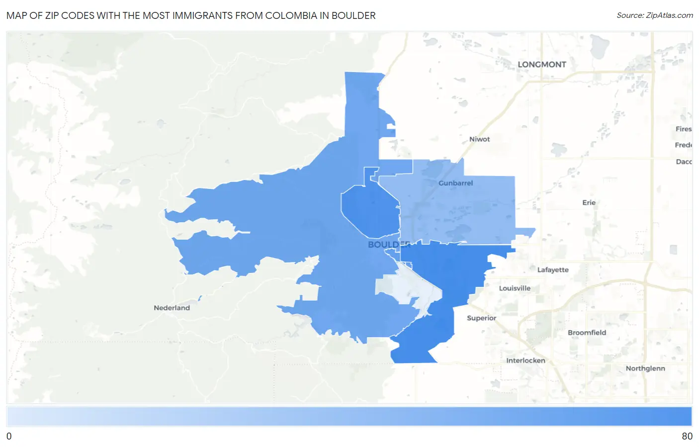 Zip Codes with the Most Immigrants from Colombia in Boulder Map