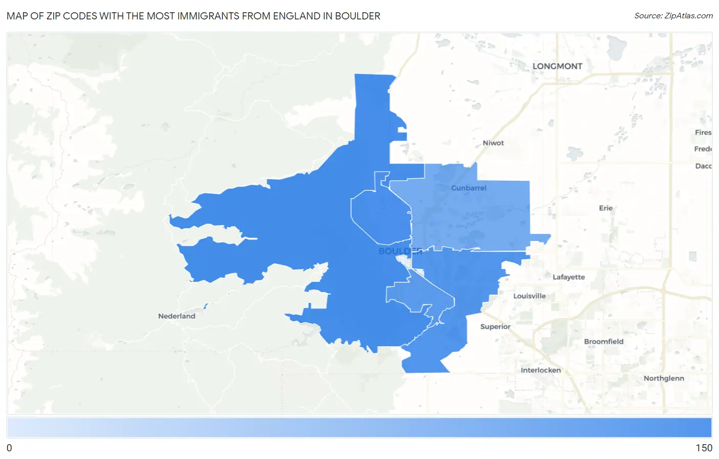 Zip Codes with the Most Immigrants from England in Boulder Map