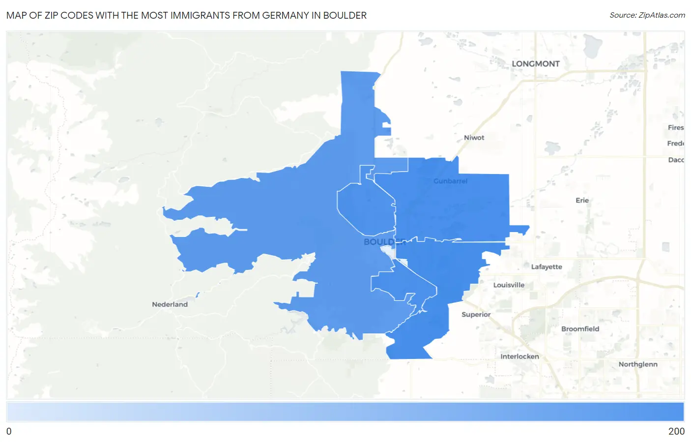 Zip Codes with the Most Immigrants from Germany in Boulder Map