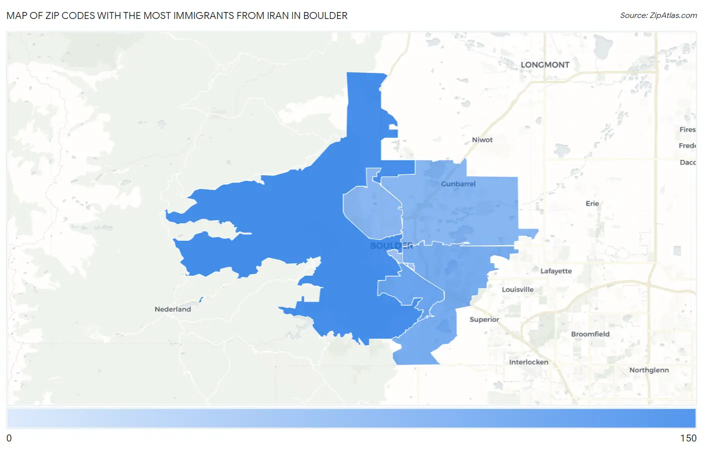 Zip Codes with the Most Immigrants from Iran in Boulder Map