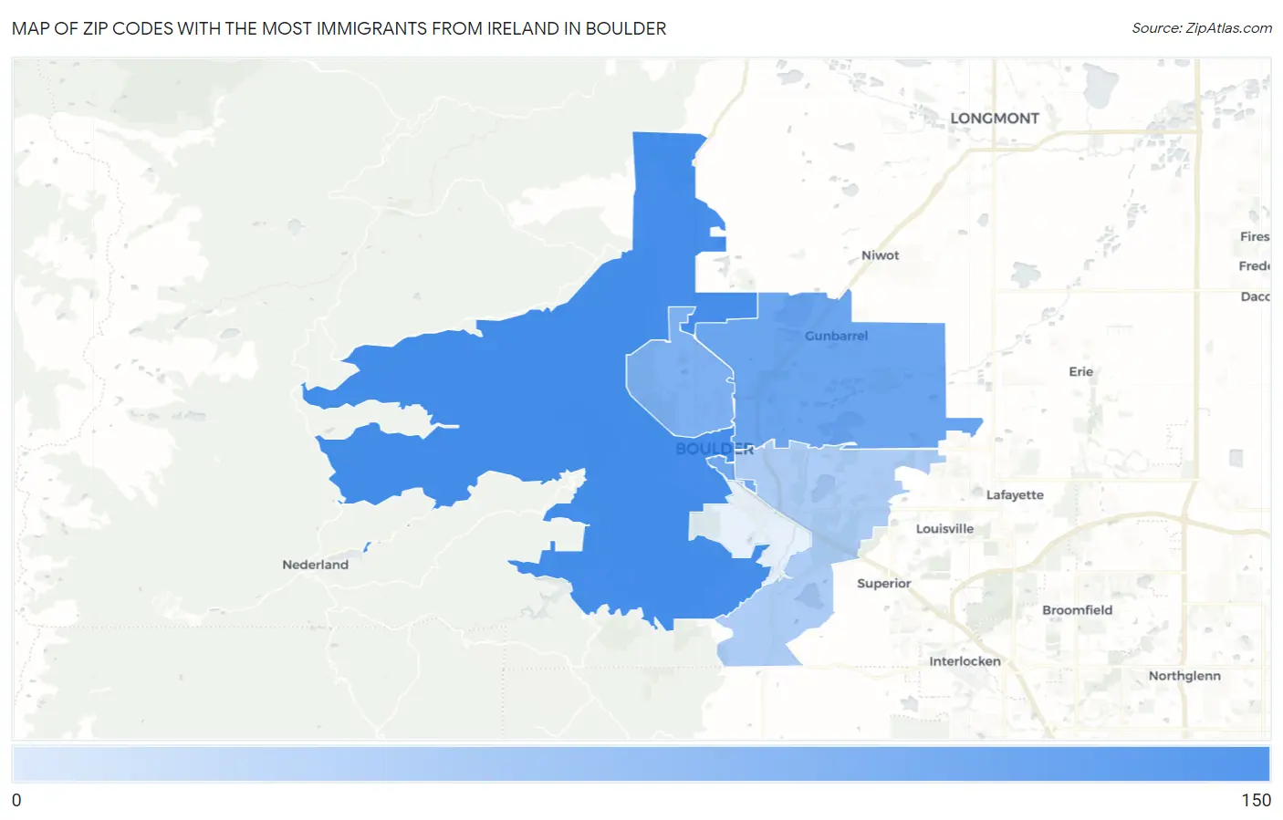 Zip Codes with the Most Immigrants from Ireland in Boulder Map
