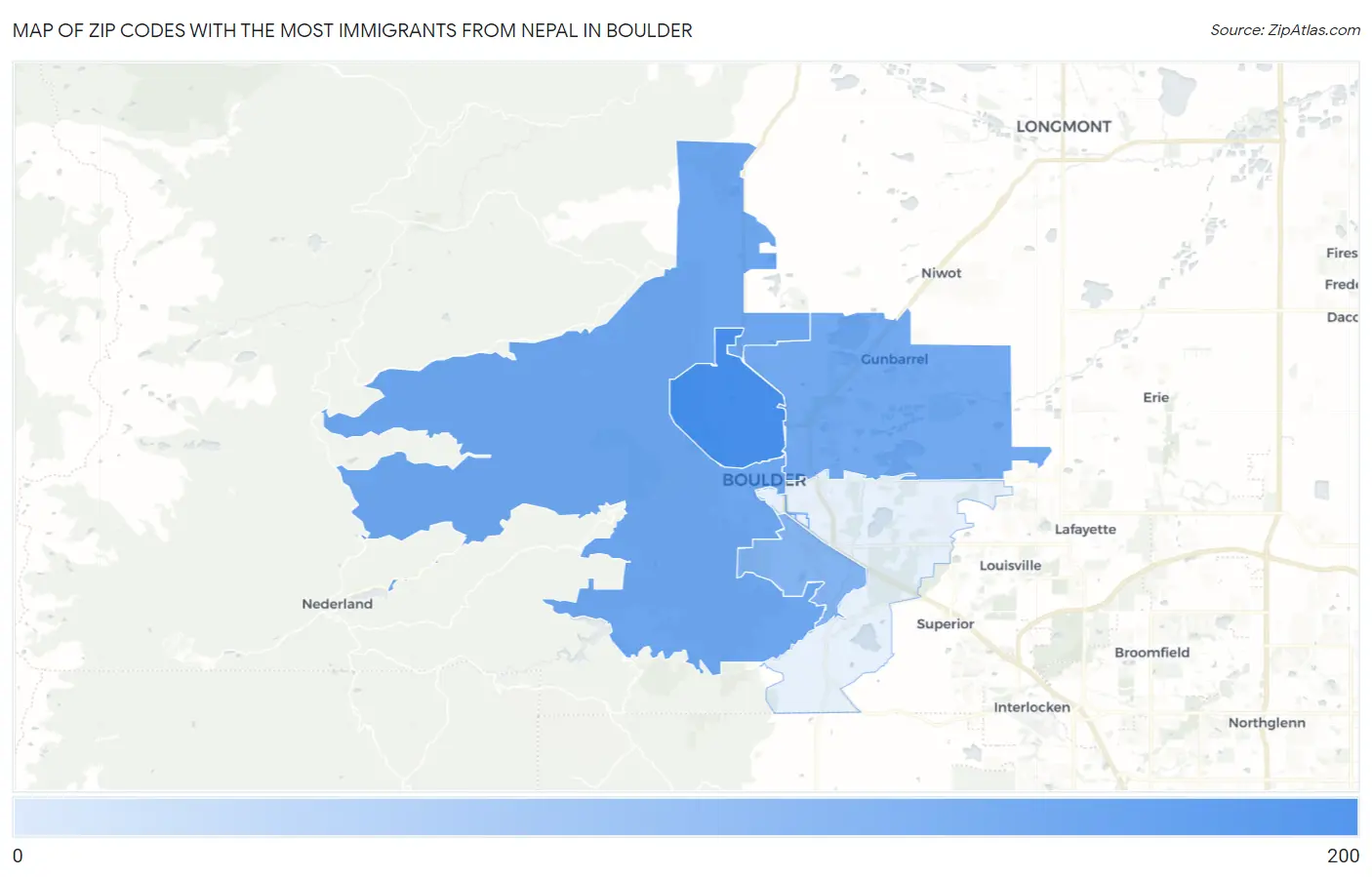 Zip Codes with the Most Immigrants from Nepal in Boulder Map