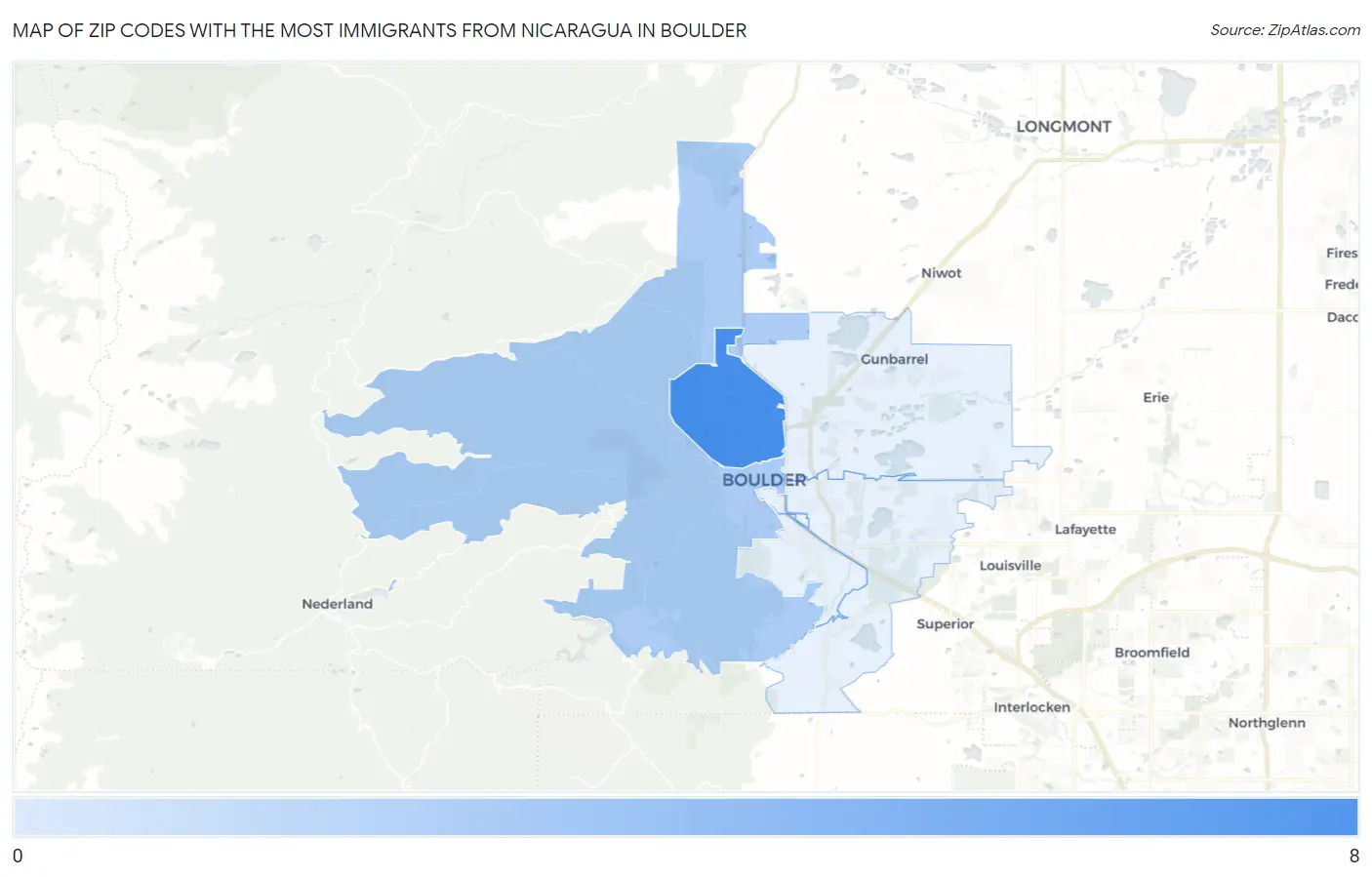 Zip Codes with the Most Immigrants from Nicaragua in Boulder Map