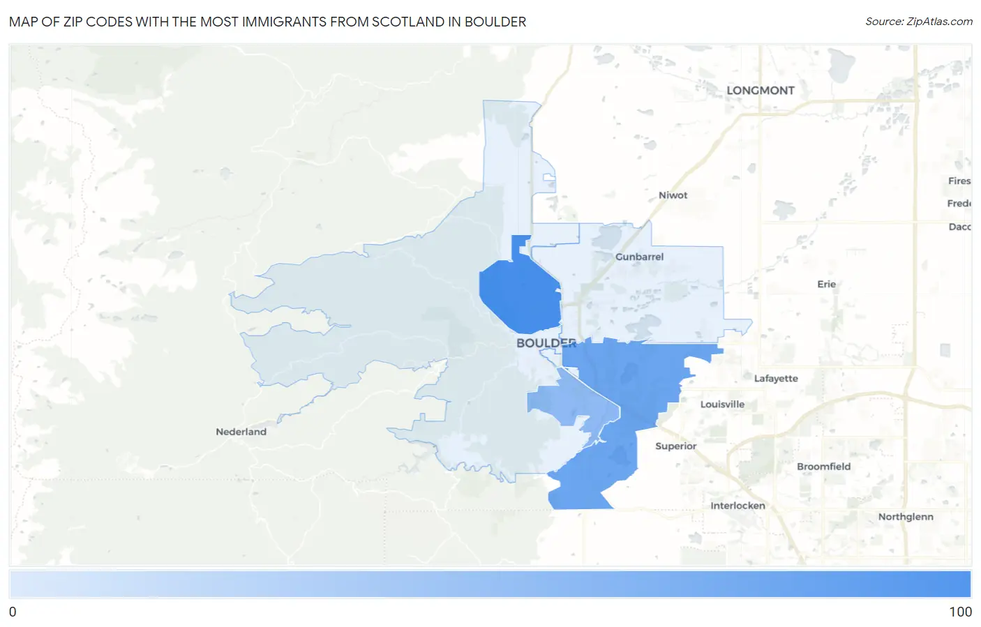 Zip Codes with the Most Immigrants from Scotland in Boulder Map