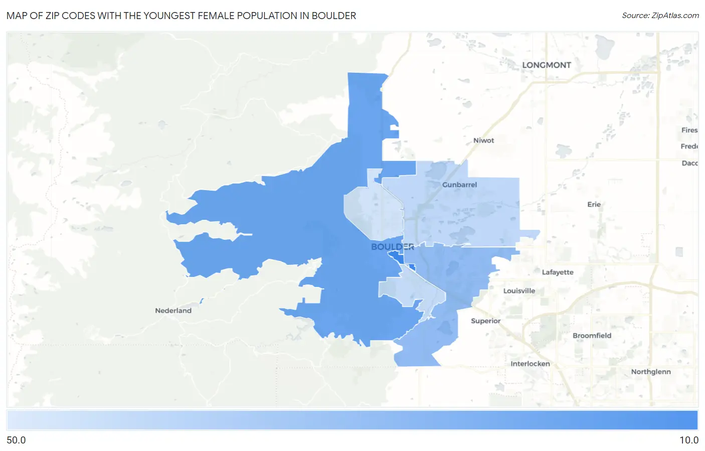 Zip Codes with the Youngest Female Population in Boulder Map