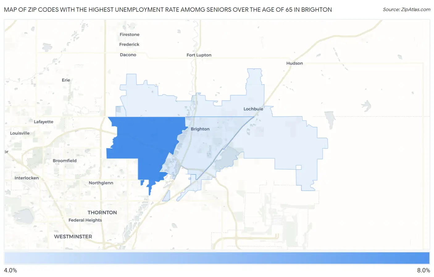 Zip Codes with the Highest Unemployment Rate Amomg Seniors Over the Age of 65 in Brighton Map