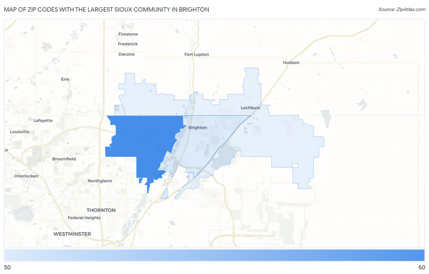 Zip Codes with the Largest Sioux Community in Brighton Map