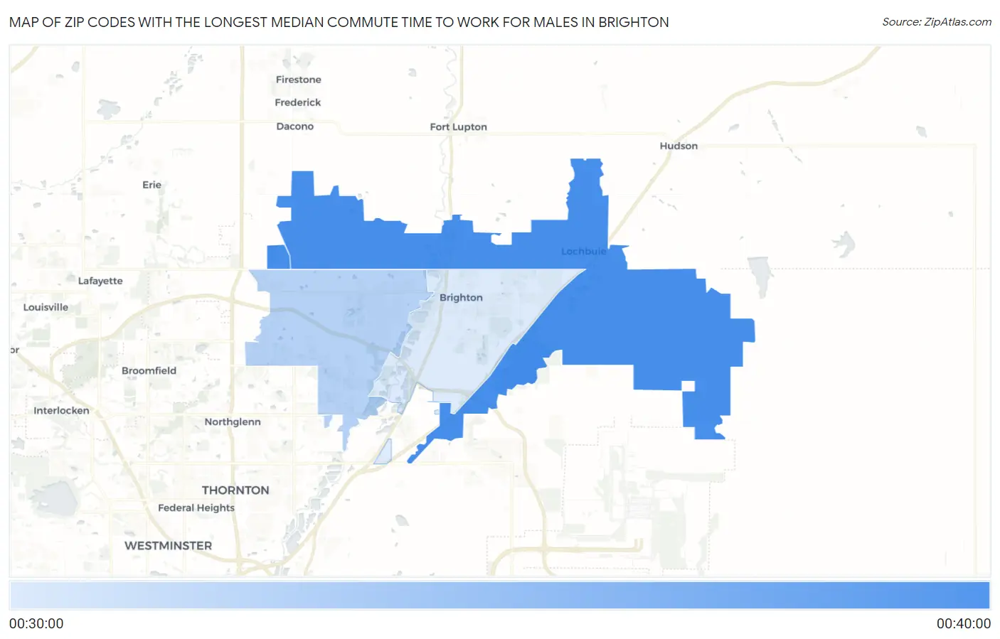 Zip Codes with the Longest Median Commute Time to Work for Males in Brighton Map