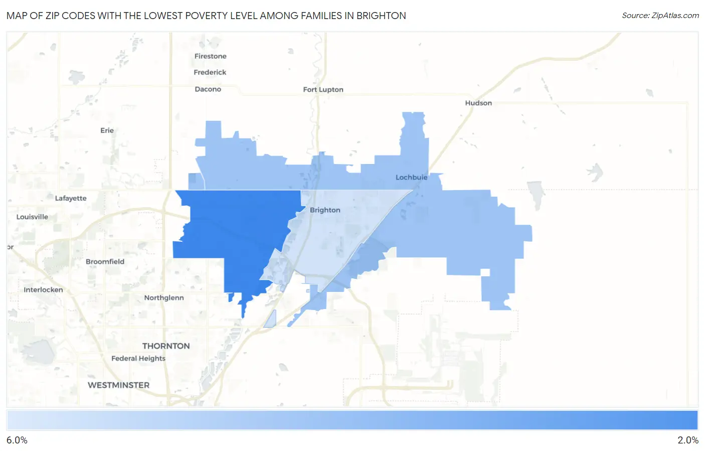Zip Codes with the Lowest Poverty Level Among Families in Brighton Map