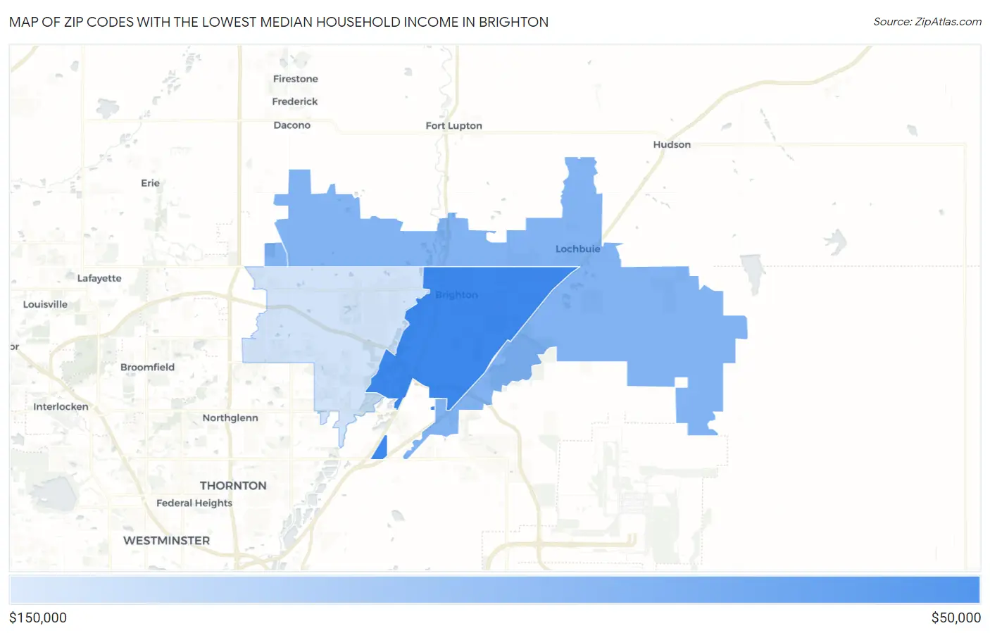 Zip Codes with the Lowest Median Household Income in Brighton Map