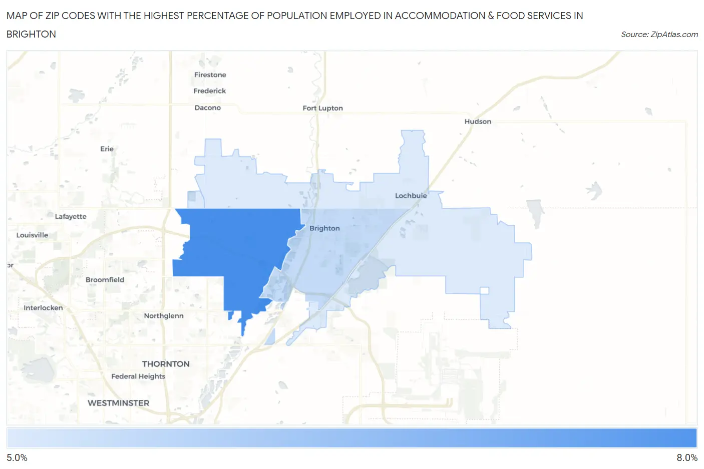 Zip Codes with the Highest Percentage of Population Employed in Accommodation & Food Services in Brighton Map