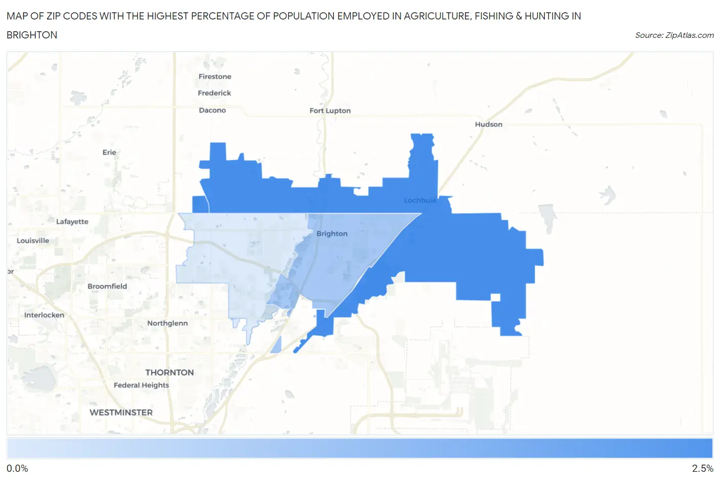 Zip Codes with the Highest Percentage of Population Employed in Agriculture, Fishing & Hunting in Brighton Map