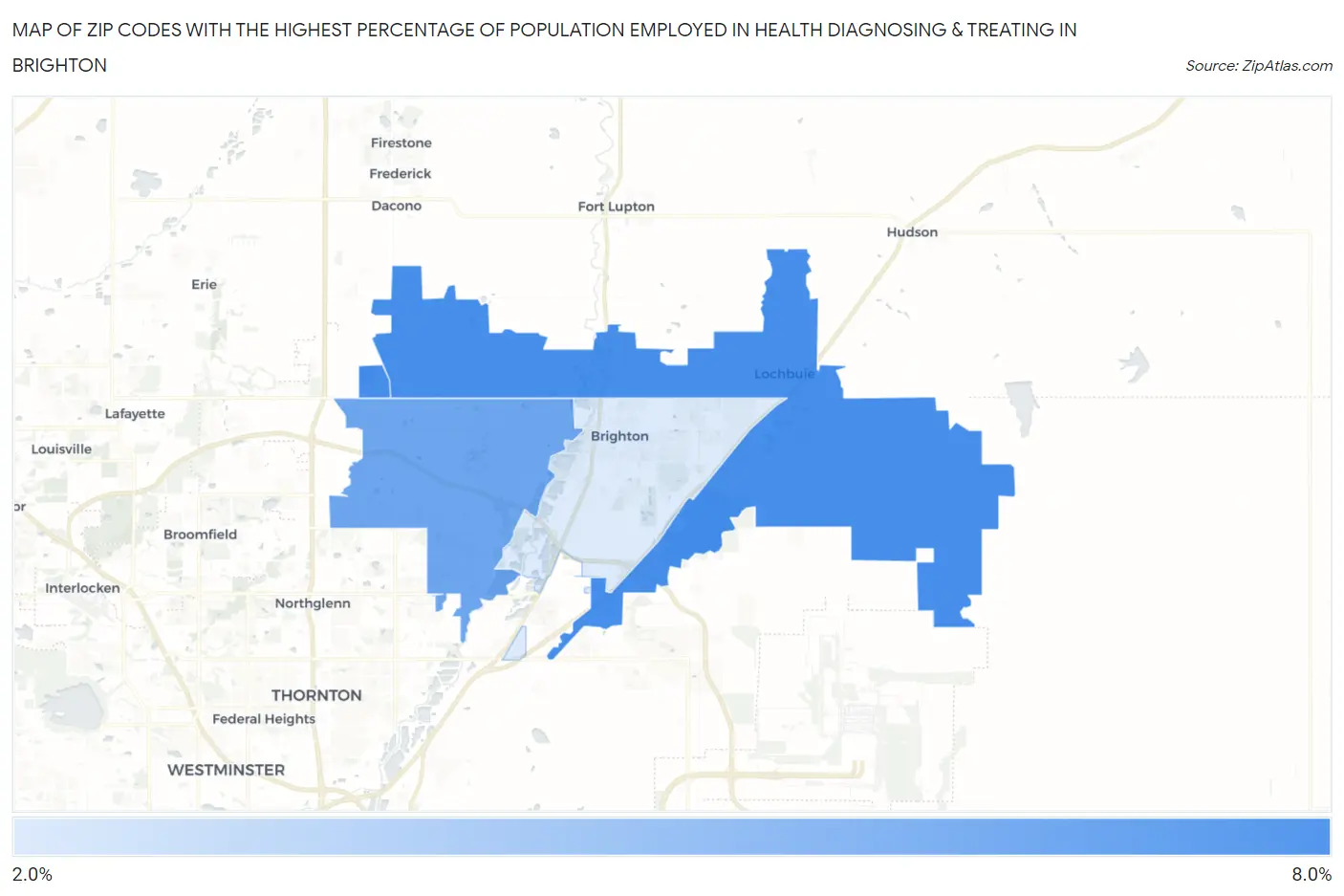 Zip Codes with the Highest Percentage of Population Employed in Health Diagnosing & Treating in Brighton Map