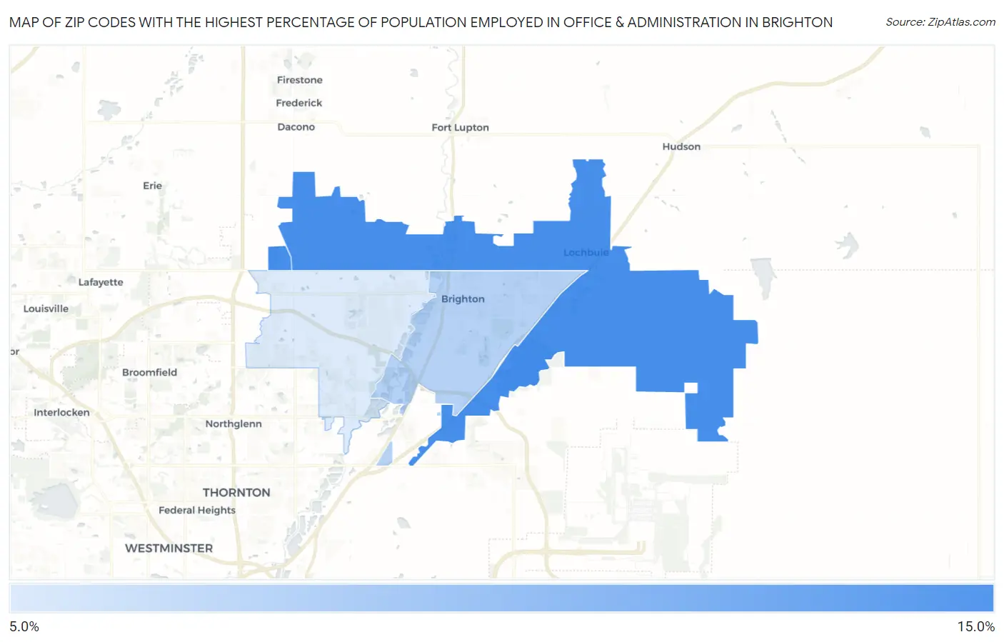 Zip Codes with the Highest Percentage of Population Employed in Office & Administration in Brighton Map