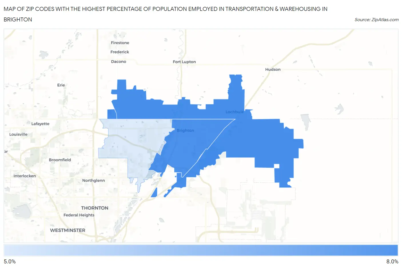 Zip Codes with the Highest Percentage of Population Employed in Transportation & Warehousing in Brighton Map
