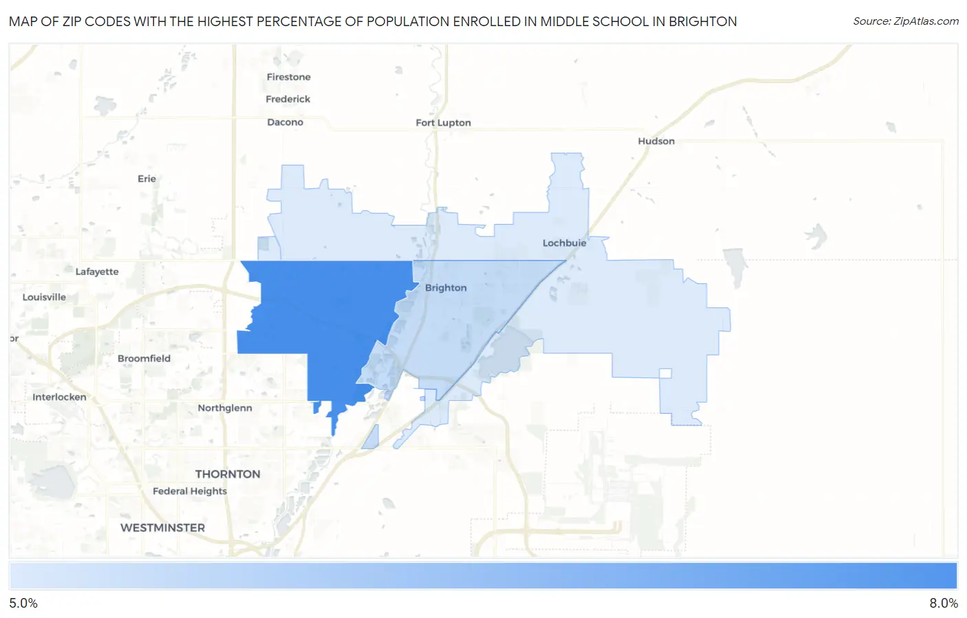 Zip Codes with the Highest Percentage of Population Enrolled in Middle School in Brighton Map