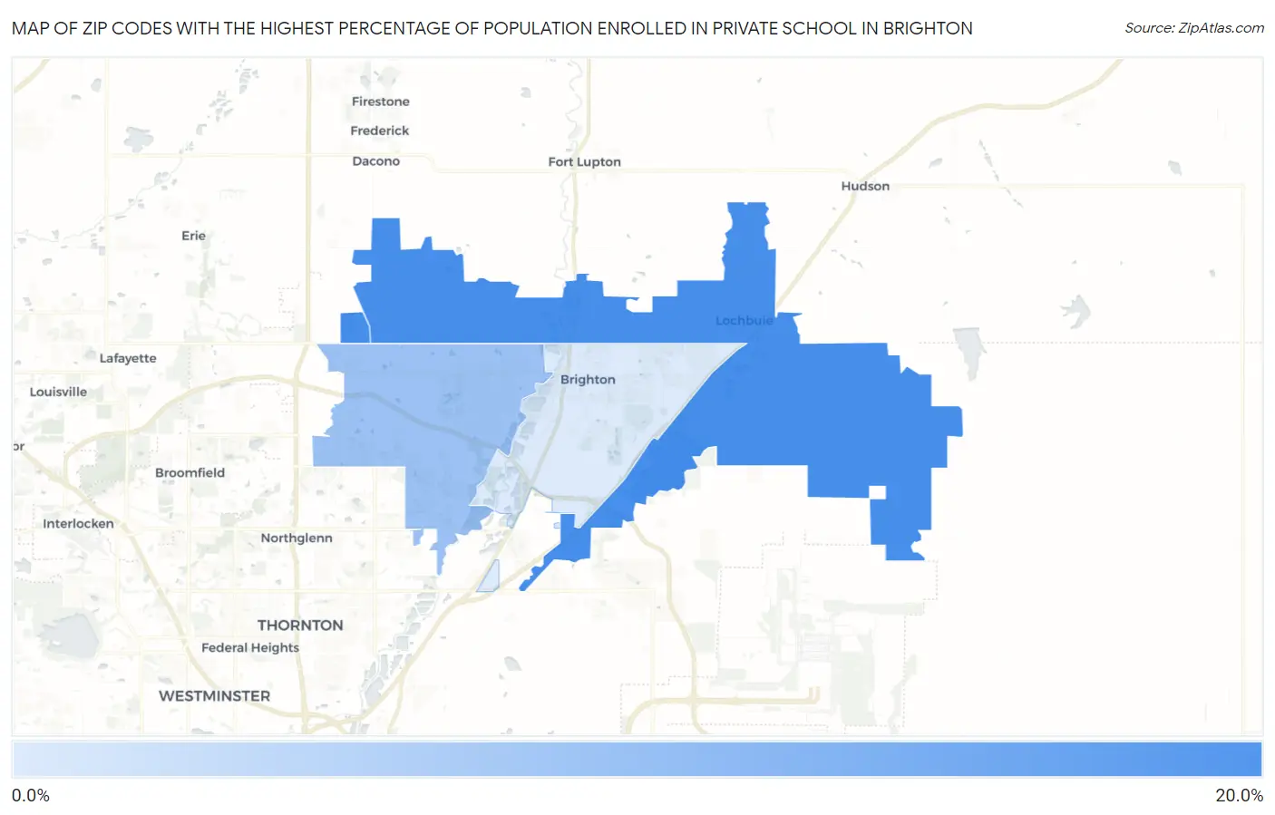 Zip Codes with the Highest Percentage of Population Enrolled in Private School in Brighton Map