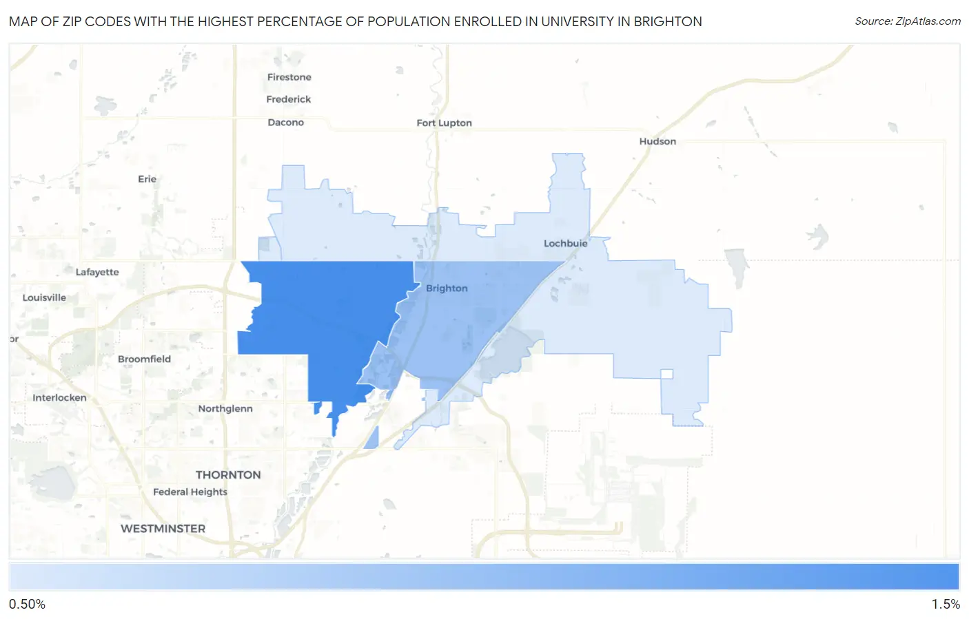 Zip Codes with the Highest Percentage of Population Enrolled in University in Brighton Map