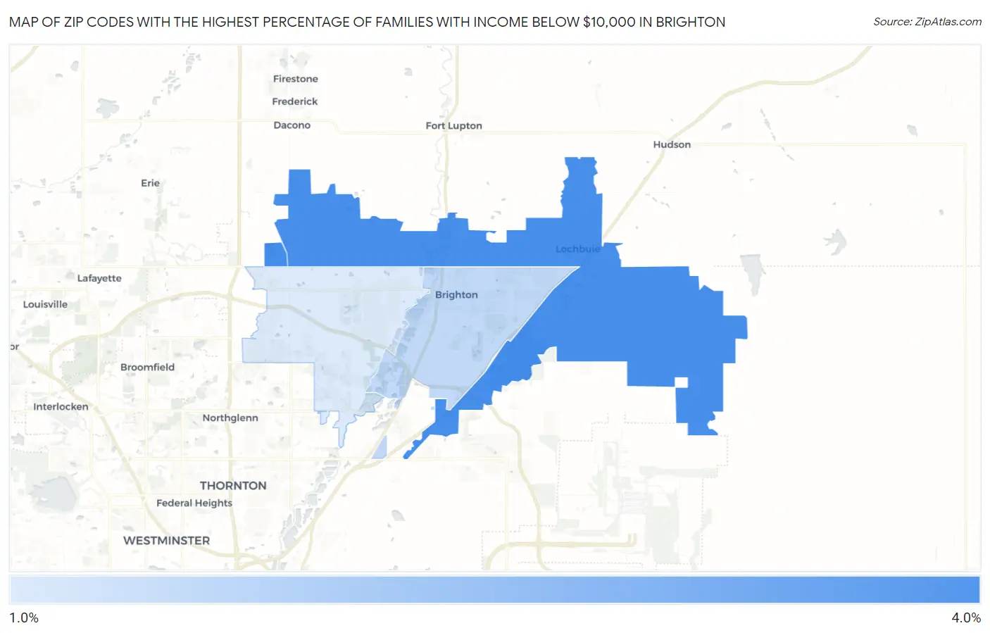 Zip Codes with the Highest Percentage of Families with Income Below $10,000 in Brighton Map