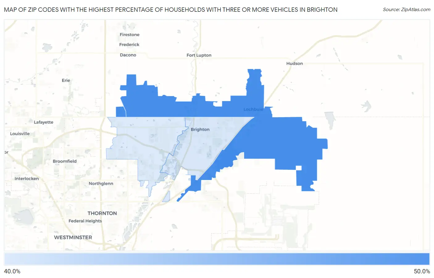 Zip Codes with the Highest Percentage of Households With Three or more Vehicles in Brighton Map