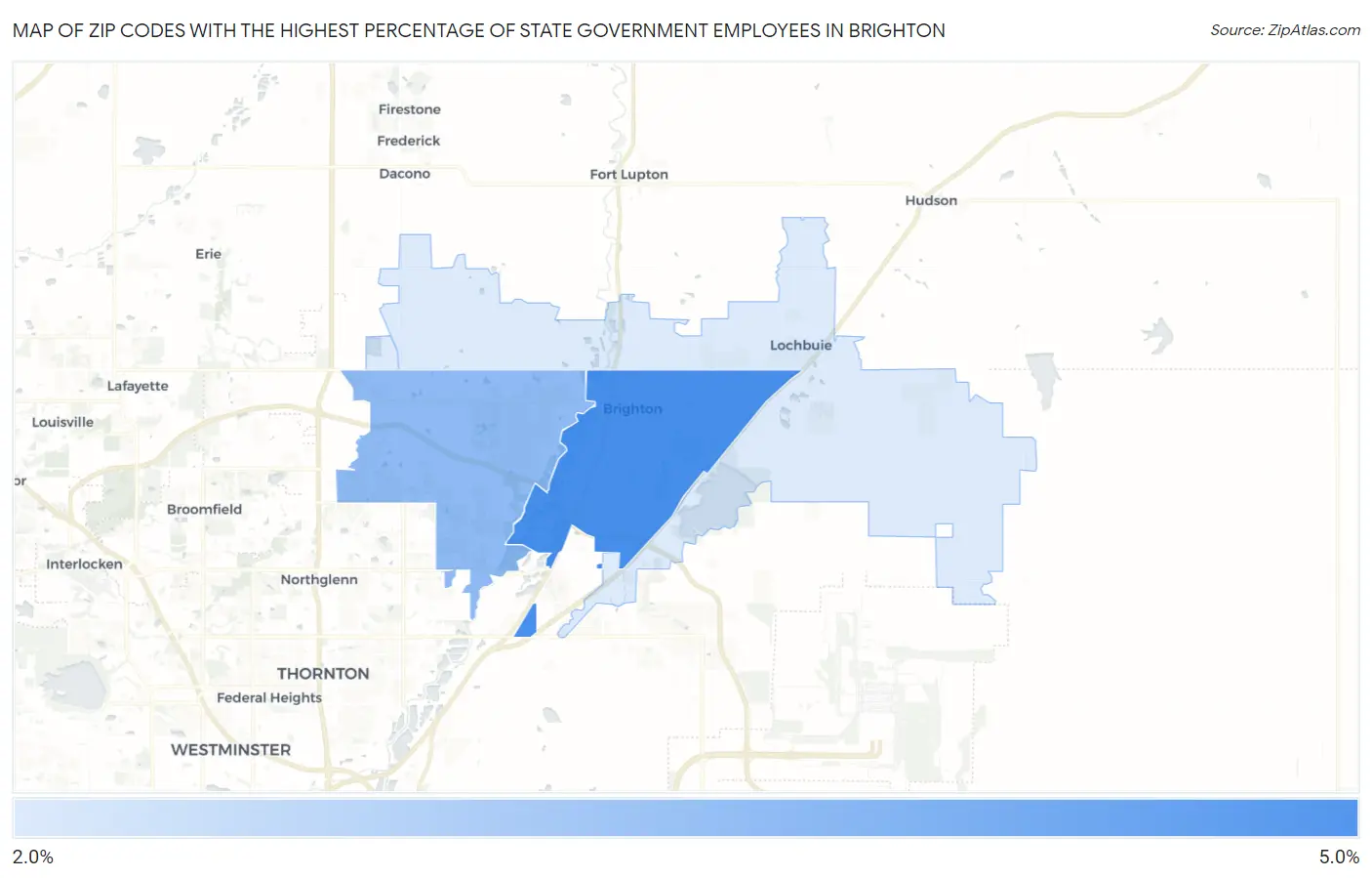 Zip Codes with the Highest Percentage of State Government Employees in Brighton Map