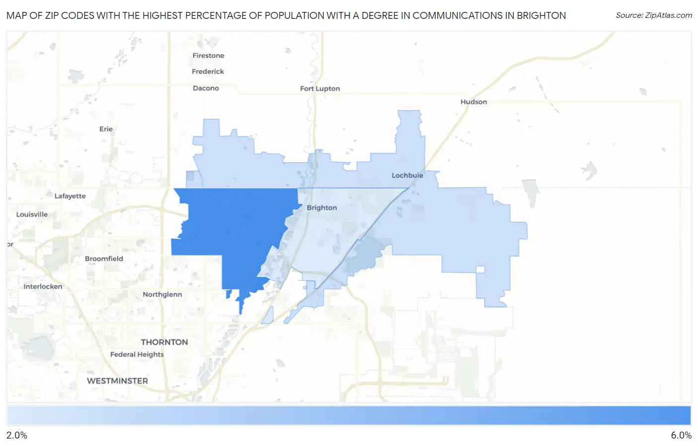 Zip Codes with the Highest Percentage of Population with a Degree in Communications in Brighton Map