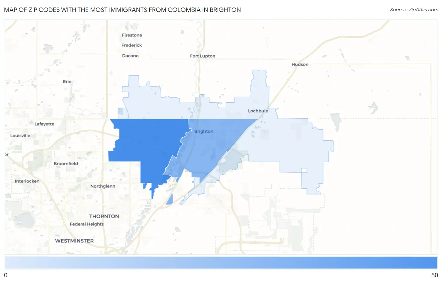 Zip Codes with the Most Immigrants from Colombia in Brighton Map