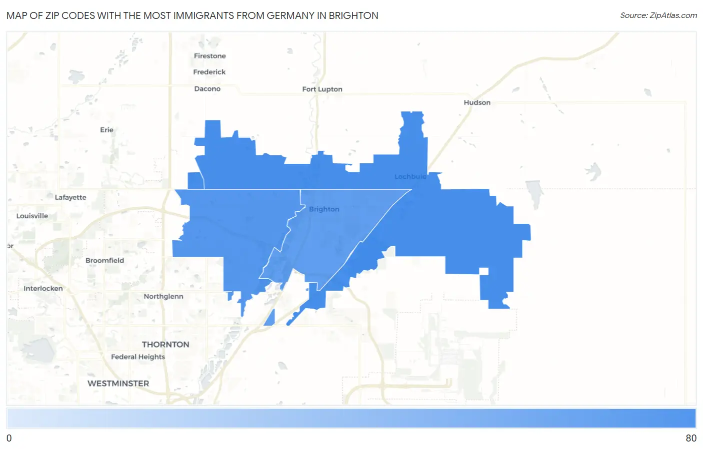 Zip Codes with the Most Immigrants from Germany in Brighton Map