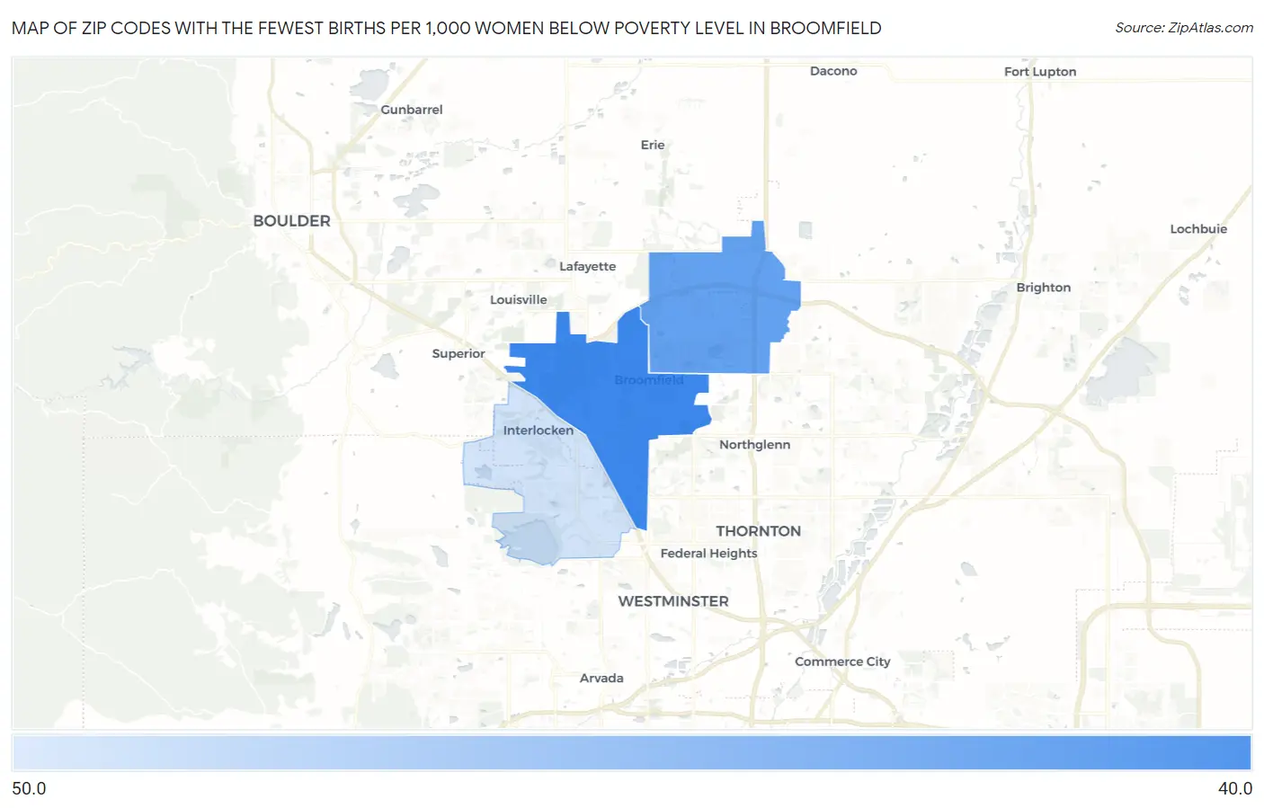 Zip Codes with the Fewest Births per 1,000 Women Below Poverty Level in Broomfield Map