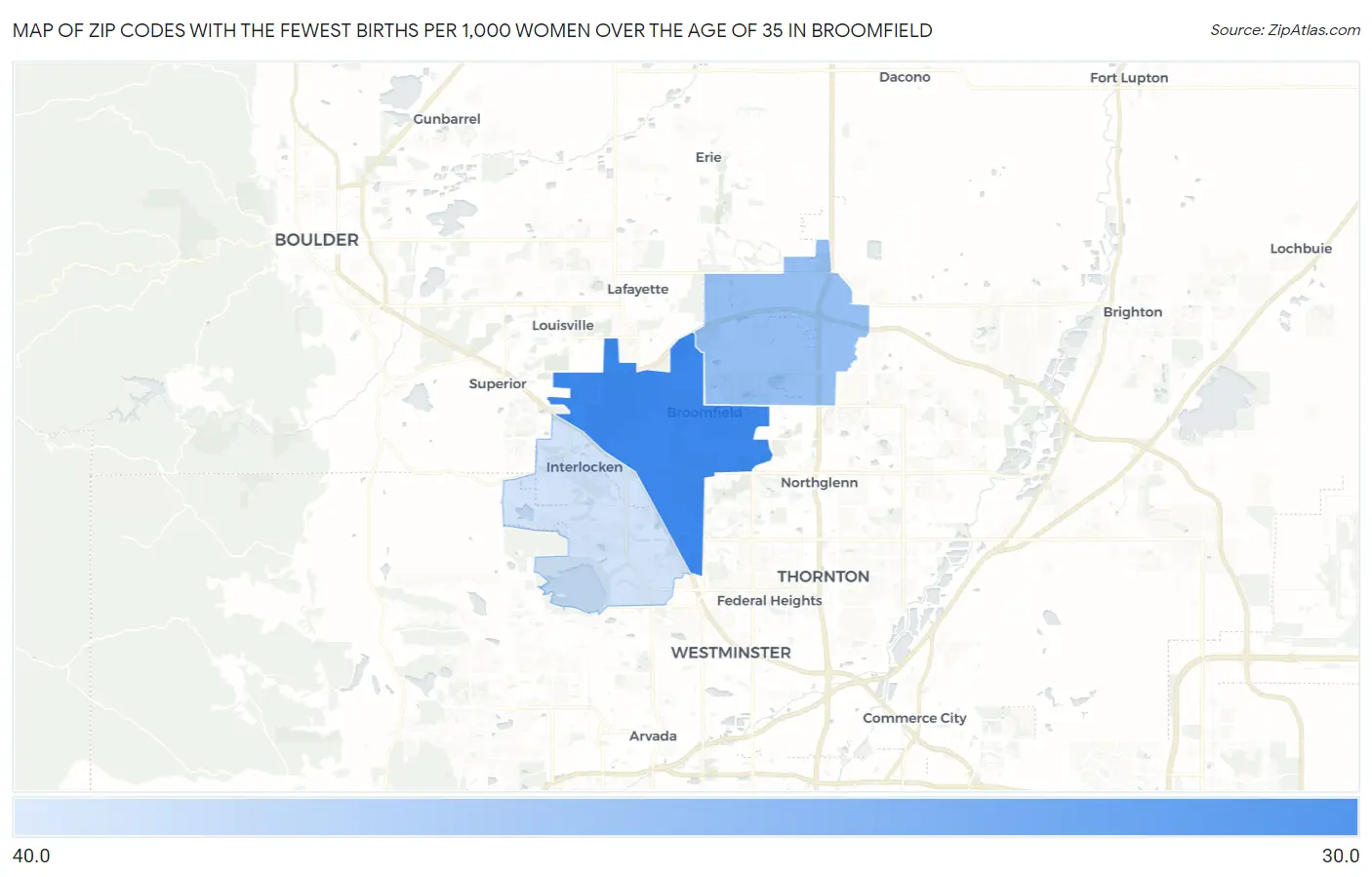 Zip Codes with the Fewest Births per 1,000 Women Over the Age of 35 in Broomfield Map